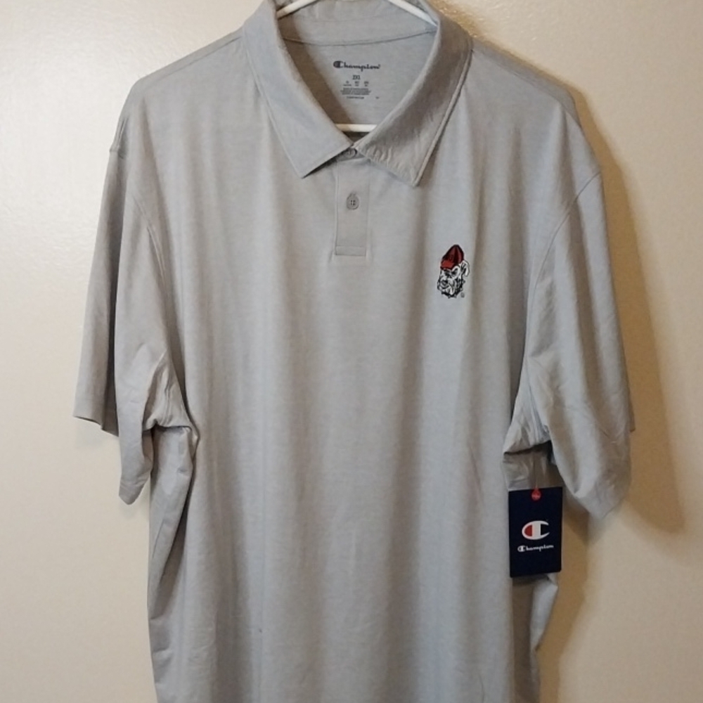 Champion Men’s Light Gray Polo with Red & Black Patch Ga Bulldogs